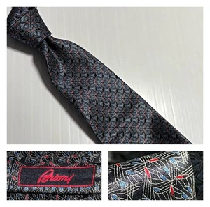 Corbata BRIONI Italia Hecha a Mano Abstracta Moderna Intrincada Plata Gris Rojo Azul Seda - Imagen 1 de 11