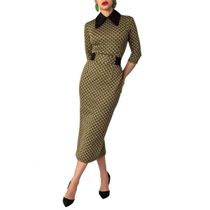 Retro Long-Sleeve Geometric Print Dress With Black Collar & Waistband NEW 2XL - Picture 1 of 6