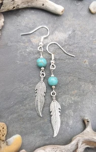 FEATHER CHARM WITH Turquoise BEAD 925 SILVER HOOKS BOHO Dangly Earrings Symbols - Picture 1 of 4