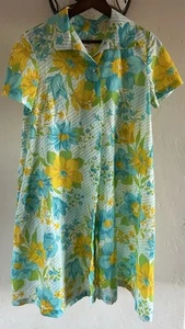 Vtg 70s House Dress Size 10 Mod Abstract Floral Print Yellow Blue Smart Time - Picture 1 of 7