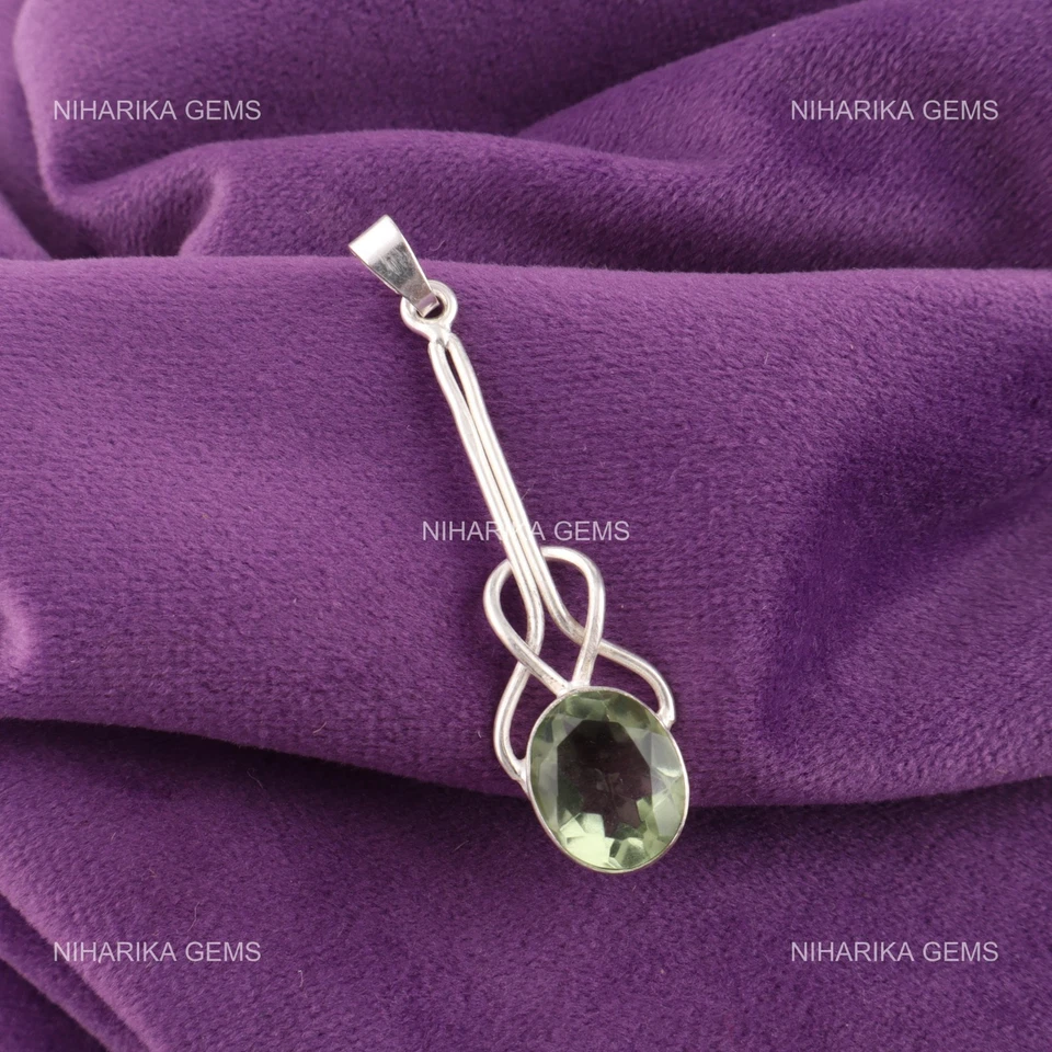 Argento Sterling Ovale Verde Ametista Gemma Art Déco Matrimonio Figlia Ciondolo - Immagine 1 di 4