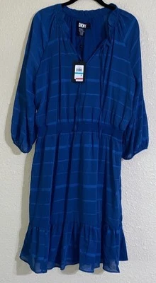DKNY Blue Striped Tie Neck Fit And Flare Mini Dress NWT Size 16 - Image 1 of 4