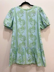 Melloday Puff Sleeve Drop Waist Mini Dress M Eyelet Embroidered Preppy Garden - Picture 1 of 8