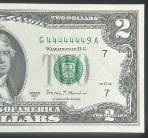 (NEAR SOLID!) $2 UNC Rare Binary 7 In A Row Fancy Serial Number G44444449A - Picture 1 of 3