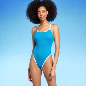 Shade & Shore Contrast Binding Scoop One Piece Swimsuit Womens Small Blue - Picture 1 of 10