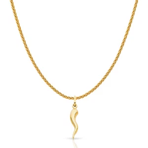 14K Yellow Gold Cornicello Italian Horn Charm Pendant 1.1mm Wheat Chain Necklace - Picture 1 of 5