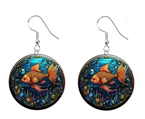 Bunte Goldfische Buntglas Optik Knopf Ohrringe Schmuck 1" Hänger HERGESTELLT IN USA - Bild 1 von 3
