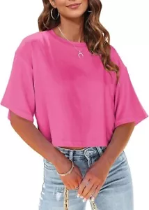 Women Half Sleeve Cropped T-Shirts Drop Shoulder Round Neck Crop Tops Casual Sum - Picture 1 of 1