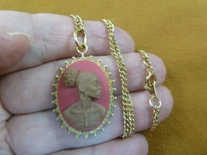 CA10-168) RARE African American LADY pink + brown CAMEO brass pendant necklace - Picture 1 of 1