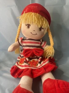 Linzy Toys Doll- Soft Plush 20” Rag Doll Blond Braids Red Striped Dress Flowers - Picture 1 of 5