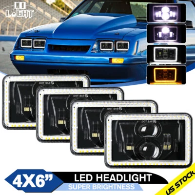 4x For Ford Mustang 1979-1986 DOT 4x6" Square LED Headlights Hi/Lo Beam With DRL - Image 1 of 4