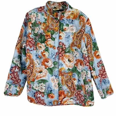 ALLISON DALEY Orange Blue Floral Quilted Jacket Lightweight Zip Womens Plus 18W - Image 1 of 4
