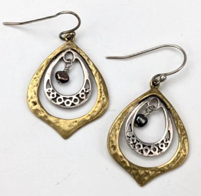Hammered Bronze & Sterling Silver Freshwater Peacock Pearl Drop Pierced Earrings - Image 1 of 4