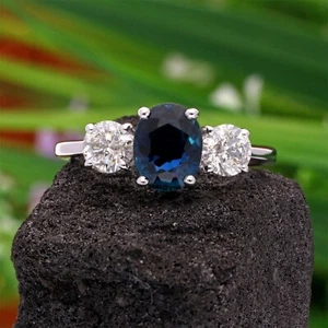 2.99 TCW Oval Blue Sapphire Lab Grown CVD Diamond Ring 18k White Gold Jewelry - Picture 1 of 7