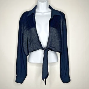 Vintage 90s/Y2K Mystic Black Satin Tie Front Long Sleeve Crop Blouse Top Size L - Bild 1 von 8
