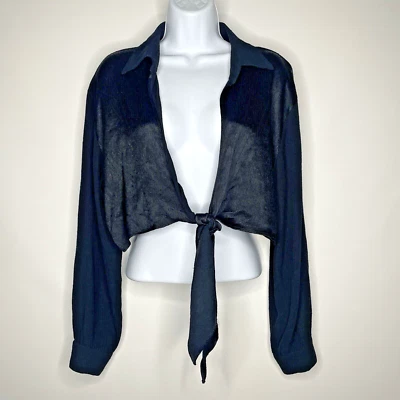 Blusa corta vintage años 90/Y2K mística negra satinada corbata delantera manga larga talla L Foto 1 de 4