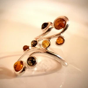 Long Sterling Silver Size 10.5 Ring with 8 Natural Amber MultiColor Beads Poland - Picture 1 of 8