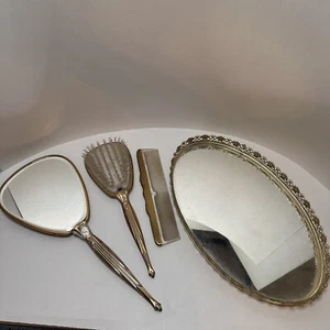 Vintage 3 Piece Dresser Vanity Set Mirror Brush Comb Floral Design Gold Tone USA - Picture 1 of 9