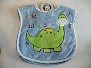 GERBER 2 Pack Baby Cotton Bibs - Green/Blue/White - Dinosaurs One Size Fits All - Picture 1 of 3