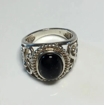 Anillo vintage de plata esterlina de ónix negro cabujón filigrana ornamentado 6 g talla 6 Foto 1 de 4