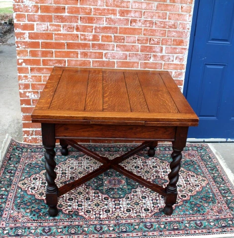 English Antique Tiger  Oak Jacobean Barley Twist Draw Leaf Table Cover