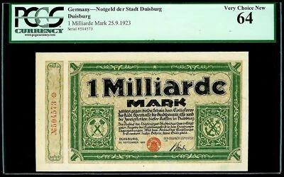 1923 GERMANY 1 MILLIARDE MARK CURRENCY NOTGELD NOTE PCGS VERY CHOICE NEW 64 - Image 1 of 2