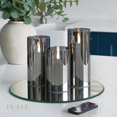 EMBER™ LED Candle Light Flameless Flickering Wax Smoked Glass Battery Powered