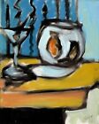 Original oil painting. Expressive painting martini glass and goldfish bowl