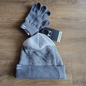 Under Armour Boys Youth Coldgear Cuff Knit Beanie Hat Gloves Set Gray White NWT - Picture 1 of 5