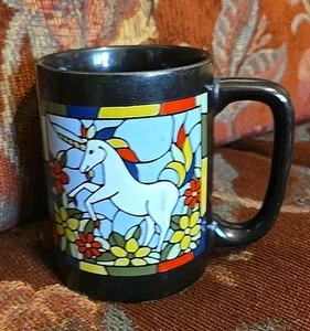 Taza de café vintage años 70 Otagiri vitral flor unicornio negra colorida 8 oz - Imagen 1 de 3