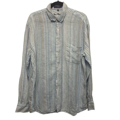 Alan Flusser Linen Men's Large Blue Striped Long Sleeve Button Down Shirt - Image 1 of 4