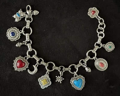 BRIGHTON Painted Desert Turquoise Gemstone Heart Charm Silver Plate Bracelet - Image 1 of 4