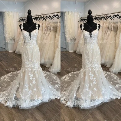 香槟美人鱼婚礼礼服清扫火车 V 领花边贴花新娘礼服 — 第 1/4 张图片