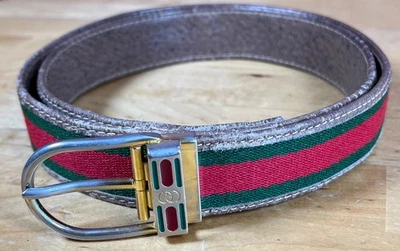 GUCCI Made in Italy Vintage Red/Green Striped Leather/Canvas Belt Gold Buckle - Image 1 of 4