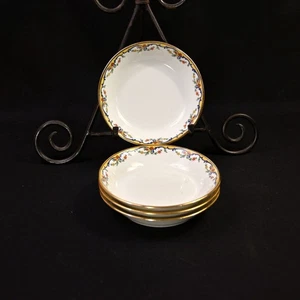 Limoges Vignaud 4 Coupe Fruit Bowls The Meuse Red Yellow Blue Gold 1911-1920 - Picture 1 of 15