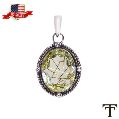 Colgante Hermana Piedra Cuarzo Rutilado Dorado Ovalado Joyería Plata de Ley 925 Foto 1 de 4