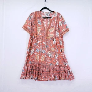 JAASE Handshaped in the Shed Coral Orange Boho Lightweight Floral Short Dress L  - Picture 1 of 13