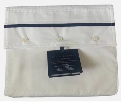 Ralph Lauren~Organic Cotton Percale~Palmer~King Flat Sheet~White/Navy ~114 x 108 - Image 1 of 4