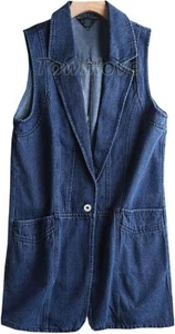 Women Sleeveless Mid Long Jacket Denim Vest Open Front Cardigan Coat Casual Tops - Picture 1 of 8