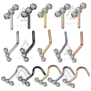 Nose Stud Screw Hook Stainless Steel 3 Clear Gem Nostril Piercing Jewellery - Picture 1 of 10