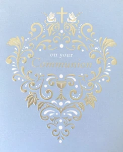 "On Your Communion" Chalice, Cross, Doves in Silver & Blue Communion Card - Picture 1 of 5