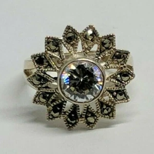 Size 6.5 Sterling Silver Flower Ring Clear Center Stone Silver Marcasite Accent - Picture 1 of 4