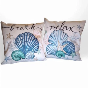 2 Beach Theme Pillows 16"x16" WITH PILLOW INSERTS Home Beach Coastal Decor - Picture 1 of 5