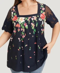 Bloomchic Top XL 14-16 Damen geblümte Bluse marineblau Spitzenärmel eckiger Ausschnitt - Bild 1 von 10