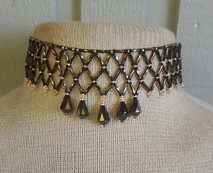 Netted Weave Adjustable Beaded Choker Necklace in Bronze, Bright Gold, Black - Picture 1 of 9