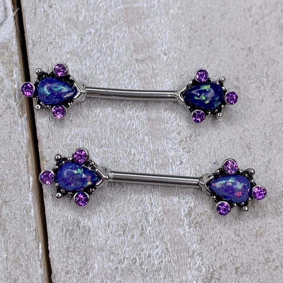PAIR PURPLE GEM OPAL NIPPLE RINGS BARBELLS SHIELDS PIERCINGS 14 GAUGE NEW - Image 1 of 1
