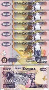 Zambia 100 Kwacha 1992, UNC, 5 Pcs LOT, Consecutive, P-38a - Picture 1 of 4
