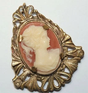 Vintage Art Deco Brass & Carved Celluloid Cameo Locket Necklace Pendant - Picture 1 of 6