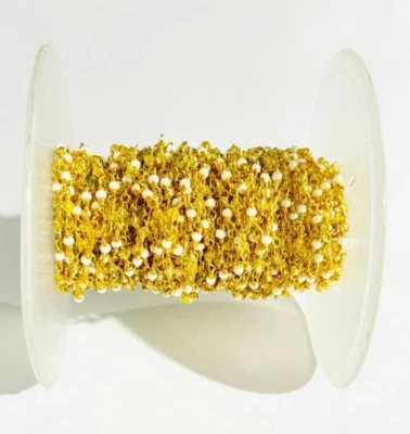 Bulk beaded jewelry making rosary chain, 2mm Yellow hydro & pearl beads chain - Image 1 of 4