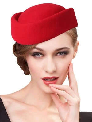 Sombreros pastillero fascinador de fieltro de lana roja cóctel vestido de novia sombrerería boina sombrero Foto 1 de 4